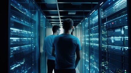Fototapeta premium IT specialists at server room, repair servers
