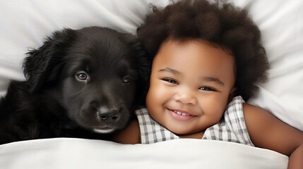 Small child lies on a bed with a dog. Dog and cute baby childhood friendship. Little boy and Dog
