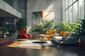 an art loft living room with yellow chairs, grey couch, red chair, with many plants