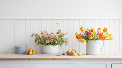 Fototapeta na wymiar Scandinavian style kitchen with white wooden background showcasing a bright spring bouquet.
