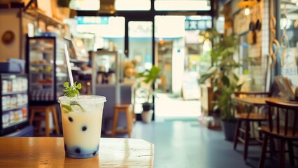 A refreshing iced bubble tea with a sprig of mint in a casual trendy cafe setting. - obrazy, fototapety, plakaty