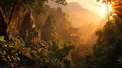 Ancient Southeast Asian jungle landscape at sunset, depicting ancient temples and dense foliage illuminated by the fading sun - obrazy, fototapety, plakaty