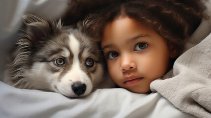 Small child lies on a bed with a dog. Dog and cute baby childhood friendship. Little boy and Dog
