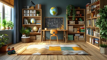 Children's Study Room at Home - Modern Spacious Interior with Desk, Chair, Bookshelves, Chalkboard, Lamps, Earth Globe, Plants, Boxes, Toys, Rug, and Laminate Flooring