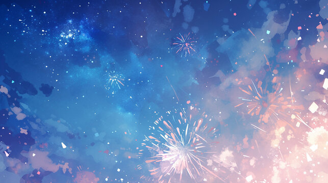夜空に輝く花火の背景イラスト　AI画像