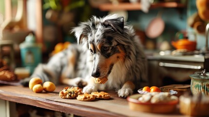 Australian Shepherd enjoying a biscuit, with its striking coat and expressive eyes, arranged on a dollhouse-inspired pet-friendly kitchen scene