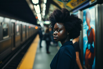 African woman waiting in the metro.