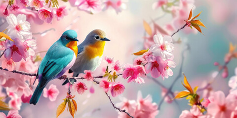 beautiful colorful birds on a cherry blossom branch