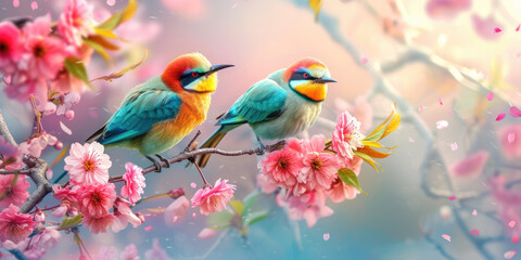 beautiful colorful birds on a cherry blossom branch