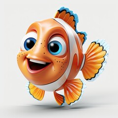 Stylized 3D illustration of a friendly cartoon character Nemo, clownfish, isolated. white background. 3D art of an orange clownfish. Cute fish print on clothes, stationery, books, children's products. - obrazy, fototapety, plakaty