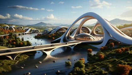 A futuristic bridge spanning a vast river