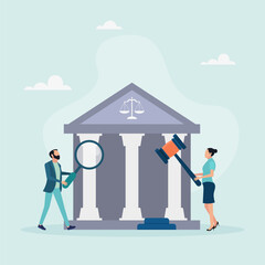 Law and justice concept. Scales of justice, judge's building and judge's gavel. Supreme Court. People near the courthouse are holding a magnifying glass and a hammer. Flat cartoon style. Vector illust - obrazy, fototapety, plakaty