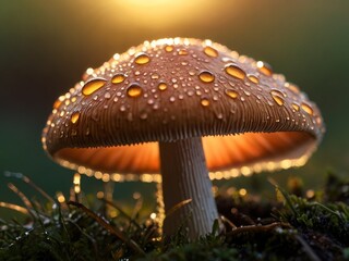 morning water droplets on the mushroom with sunrise