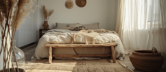 The room in the building features hardwood flooring, a bed, and a wooden bench.