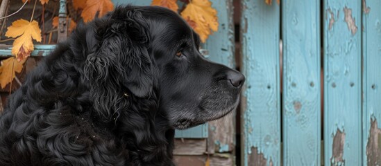 Autumn portrait of a woolen-covered, black, large dog by the house's doorstep, looking to the side.