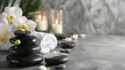 Composition of spa settings with orchid on gray background, spa stones, towels and orchid on grey