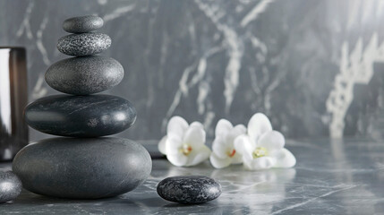 Obraz na płótnie Canvas Composition of spa settings with orchid on gray background, spa stones, towels and orchid on grey