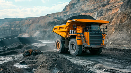 Excavator loads rock formation into the back of a heavy mining dump truck. Large quarry dump truck.