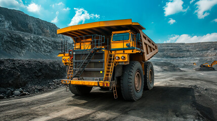 Excavator loads rock formation into the back of a heavy mining dump truck. Large quarry dump truck.