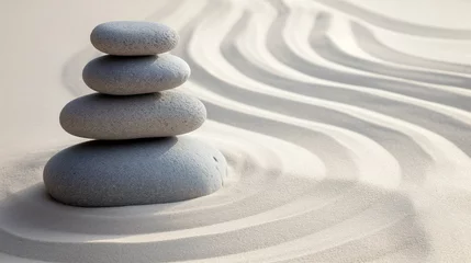 Fototapeten Zen garden meditation stone background, Zen Stones with lines in the sand, concept of harmony © mirifadapt