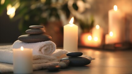 Obraz na płótnie Canvas Candles, stones and towel in a spa, Burning candles, stones and towel on massage table