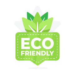 Green badge with leaf design promoting eco-friendly products and sustainable practices