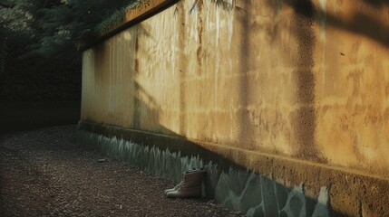 Tranquil scene with boots against a textured earth wall, under the shade of green leaves