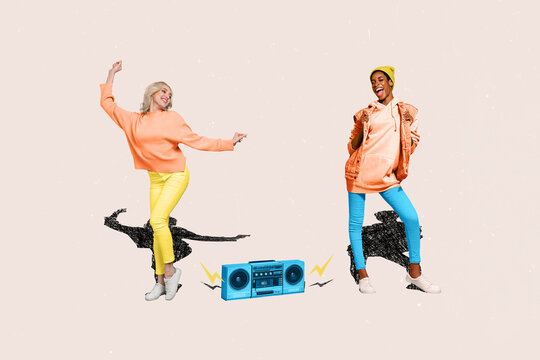 Creative collage picture of excited positive girls have good mood dancing boombox painted shadow isolated on beige background