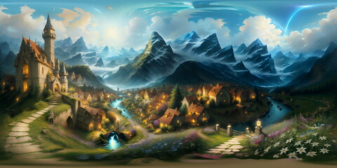 360 panoramic Gothic and fantasy land with rivers and mountains - generative ai, üretken yapay zeka