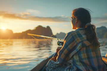 A woman hold fishing rod and looks out to the water on fishing boat - obrazy, fototapety, plakaty