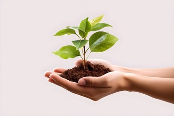Person holding a small green plant in their hand,