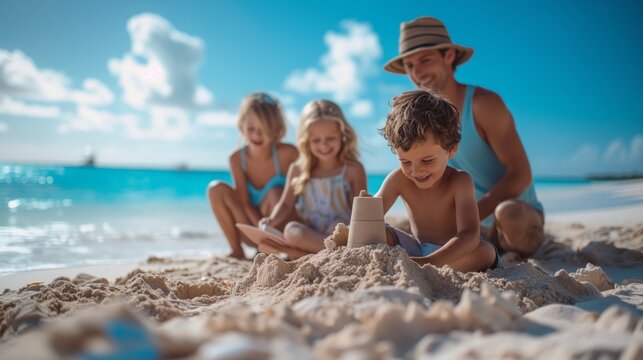Family Enjoying Sandcastle Building on Beach Vacation. Joyful family engaged in making a sandcastle on a pristine beach with clear blue skies above.