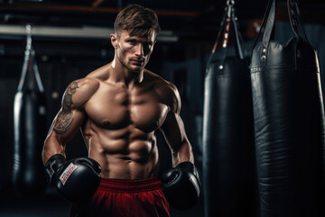 Fototapeta na wymiar Male Boxer do boxing training with punchbag on gym, bright light