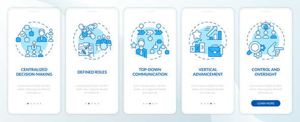 Hierarchical structure blue onboarding mobile app screen. Management walkthrough 5 steps editable graphic instructions with linear concepts. UI, UX, GUI template. Myriad Pro-Bold, Regular fonts used - obrazy, fototapety, plakaty