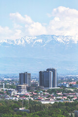 Tashkent, Uzbekistan. Panoramic top view to the part of the city of Tashkent from the Television Tower. Mountain, Chatkal Ran at background.