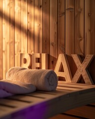 Fototapeta na wymiar Cozy sauna relaxation scene with 'RELAX' sign and towel, embodying warmth and wellness