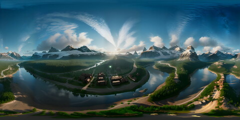 360 panoramic gothic and fantasy land with rivers and mountains - generative ai, üretken yapay zeka