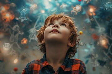 A young boy gazes upward, surrounded by sketches of toys, in a world of childlike wonder and imagination.