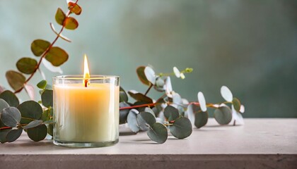 Obraz na płótnie Canvas burning aromatic candle and eucalyptus branch on table