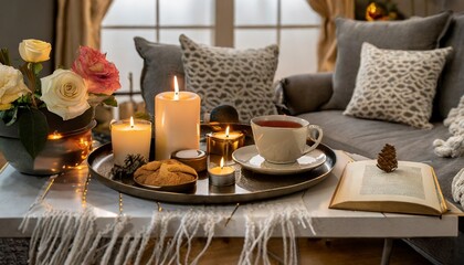 details of a still life in a home s living room a serving platter with a cup of tea and candles read and take a nap cosy house generative ai