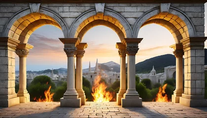 Tuinposter Oud gebouw ancient classic architecture stone arches with flames