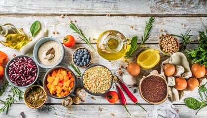 winter vegetarian vegan food cooking ingredients flat lay of vegetables fruit beans cereals kitchen utencil dried flowers olive oil over white wooden background top view copy space