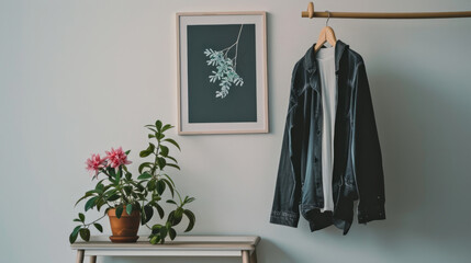 Elegant secondhand clothing arrangement with framed plant illustration and blooming pot