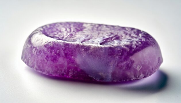 close up shot of a purple hard candy over white