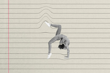 Poster banner template collage of lady gymnast doing sport trick break line boundary on copybook...