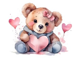 Cute teddy bear with heart, watercolor style.	