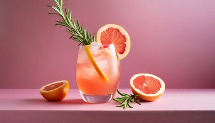 cold grapefruit cocktail decorated twig rosemary and slice citrus on pink background