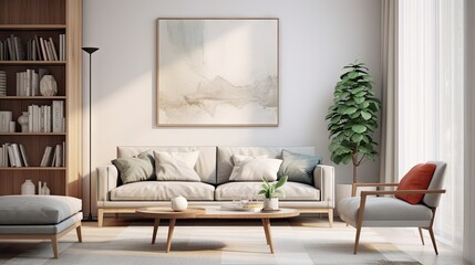 Scandinavian style living room with modern interior background showcasing a and illustrated poster frame.