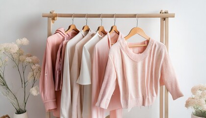 feminine clothes in pastel pink color on hanger on white background spring cleaning home wardrobe...