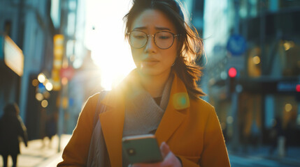 A businesswoman walks down the street and looks at her smartphone 